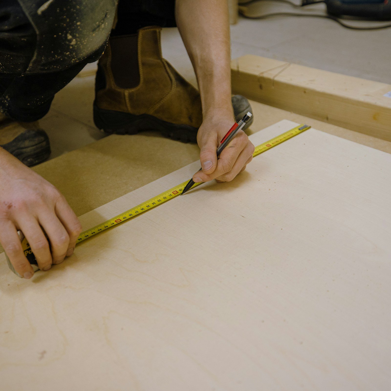 Measuring and marking a board during a home repair project
